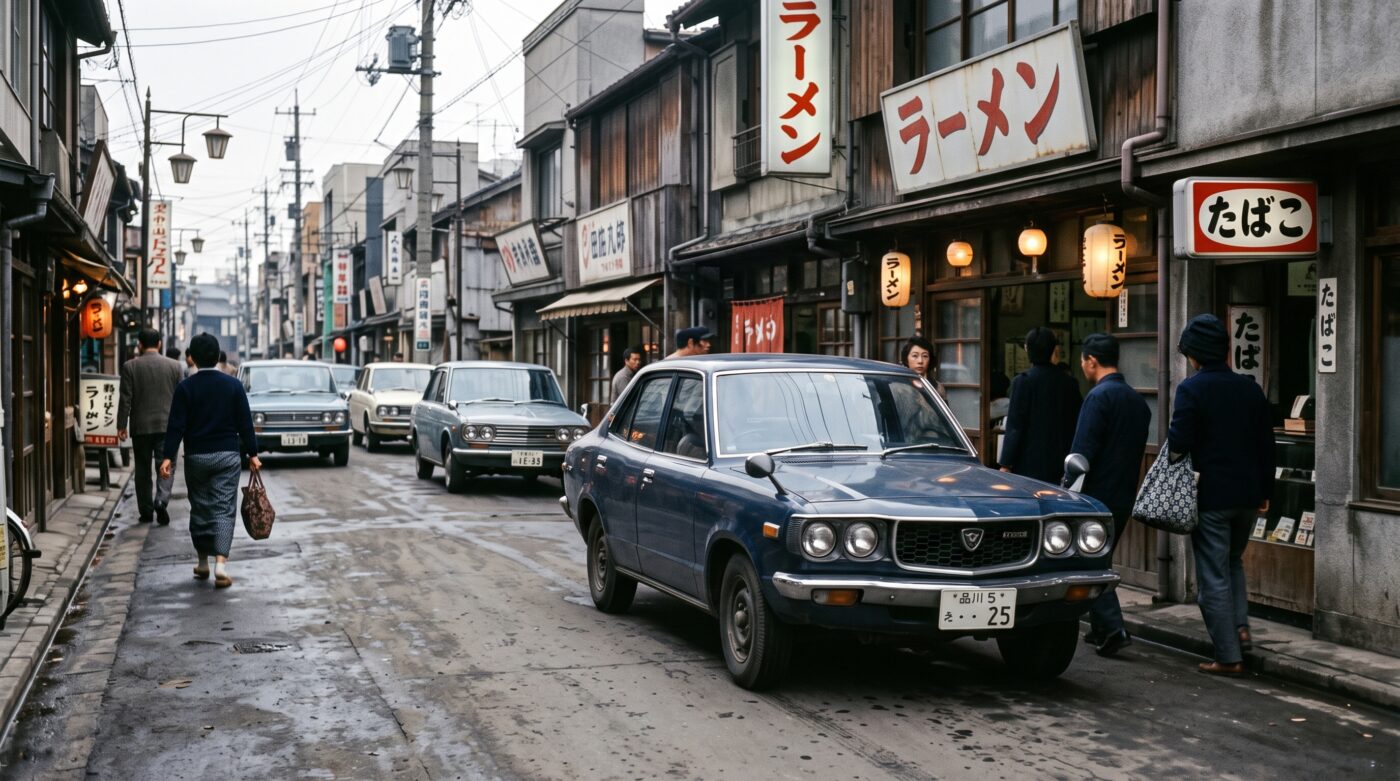 Détail historique du badge Mazda RX-3 apposé sur la carrosserie noire, rappelant l'héritage automobile japonais des années 70.