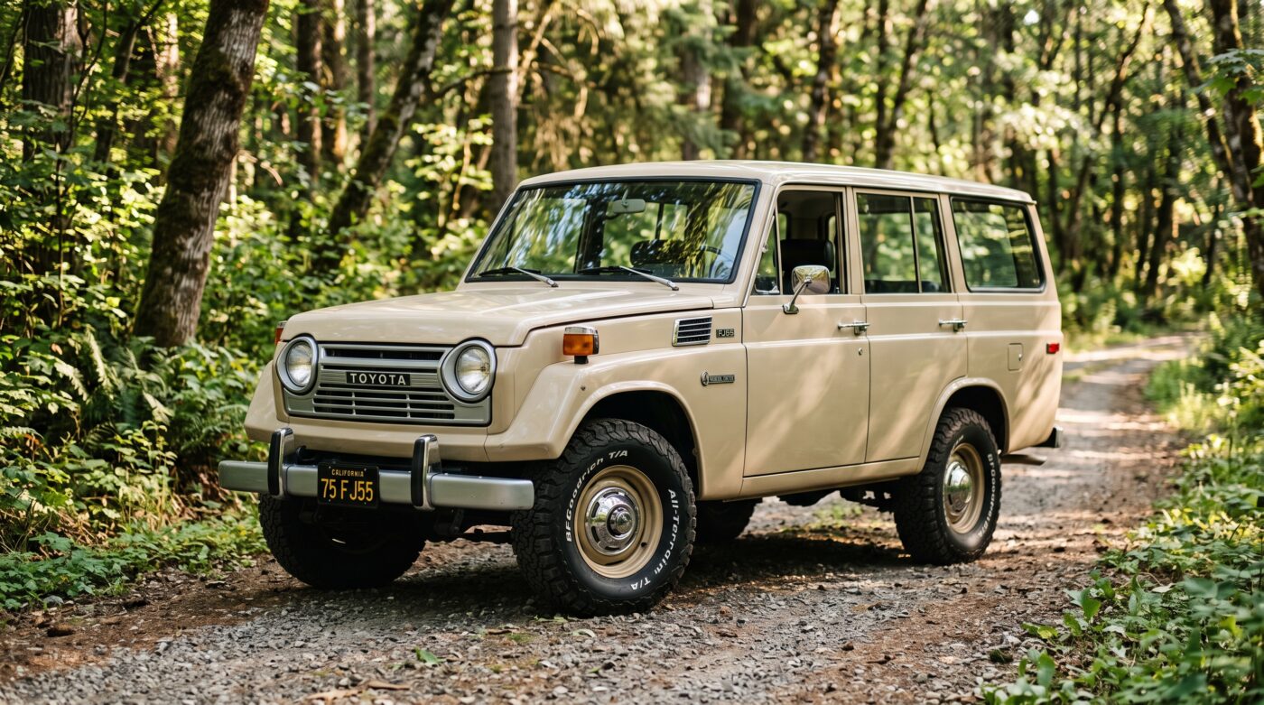 Toyota Land Cruiser FJ55 beige en vue de trois quarts avant, stationné dans un cadre naturel, design iconique des années 70.