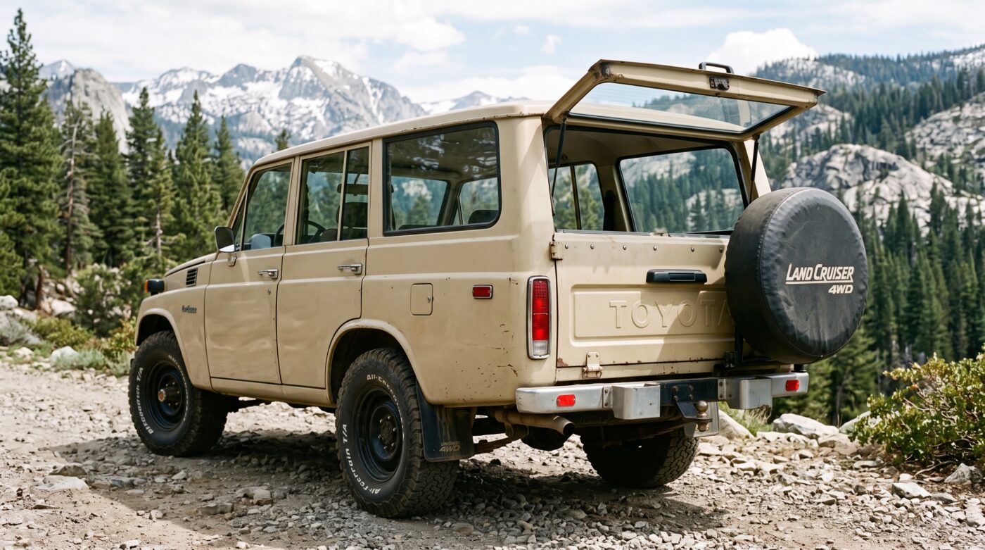 Vue arrière de trois quarts d'un Toyota Land Cruiser FJ55 beige, mettant en avant le hayon spécifique et les feux d'origine.