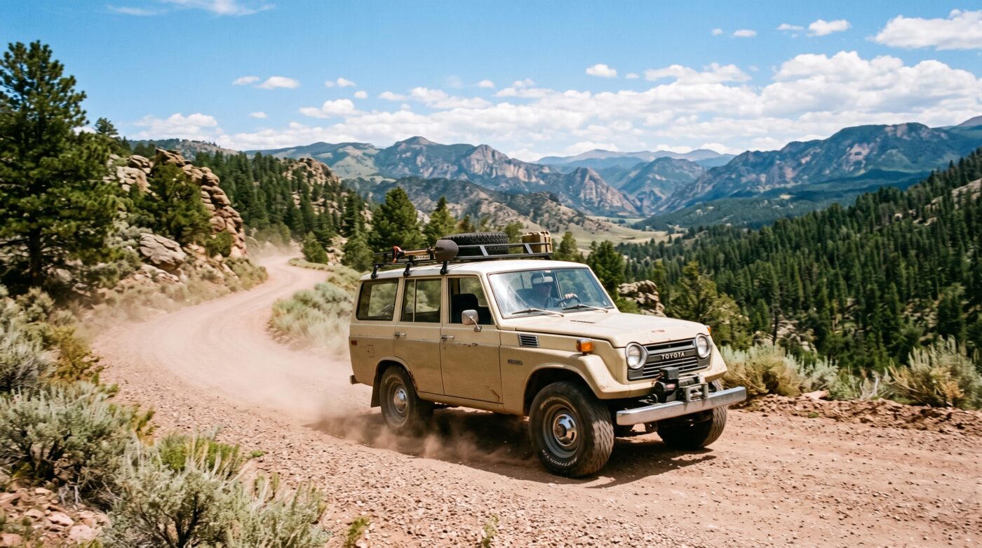 Toyota Land Cruiser FJ55 beige en plein essai routier sur une route de campagne, capturant le comportement dynamique du 4x4.
