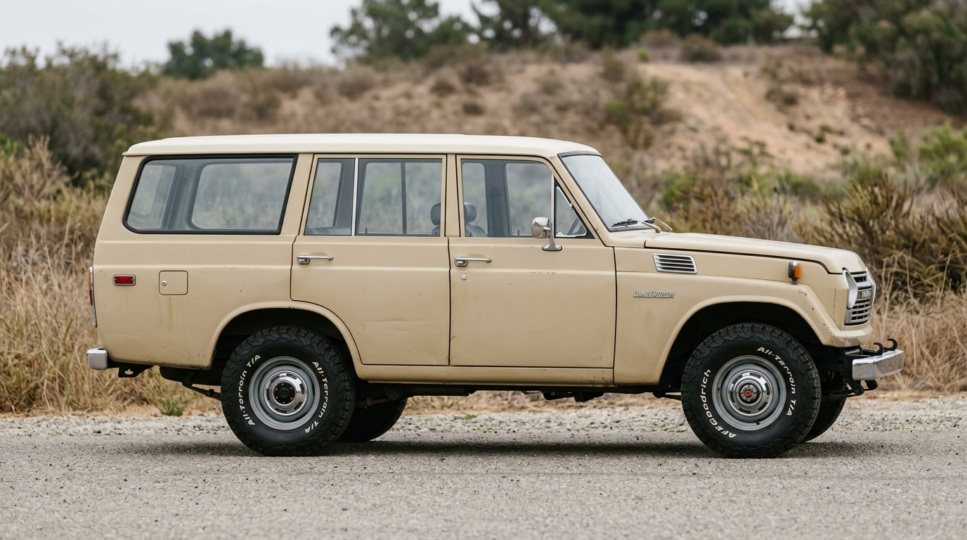 Vue latérale du Toyota Land Cruiser FJ55 beige, soulignant sa silhouette allongée caractéristique et son état d'origine.