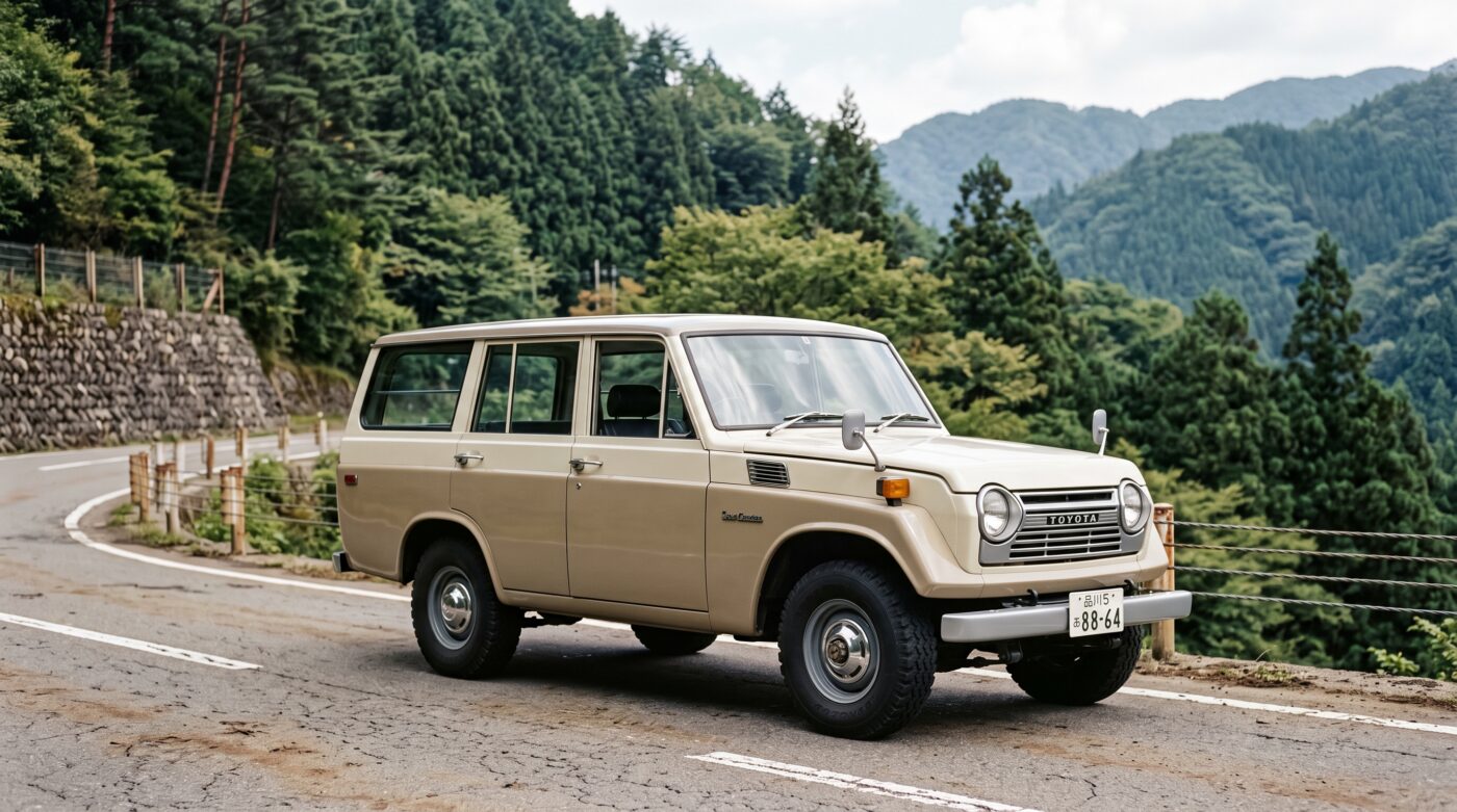 Détails historiques et emblèmes du Toyota Land Cruiser FJ55, rappelant le patrimoine de ce modèle emblématique.