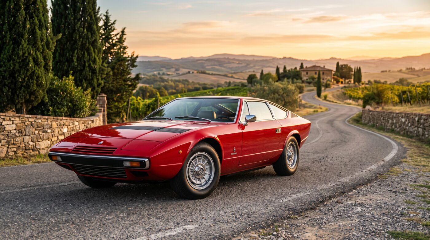 Vue de trois quarts avant d'une Maserati Khamsin 1974 rouge, mettant en valeur son design anguleux et ses lignes italiennes.