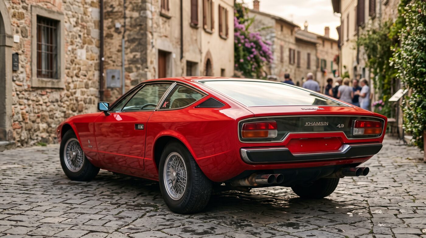 Profil arrière d'une Maserati Khamsin rouge de 1974, soulignant le design original de la lunette arrière et des feux.