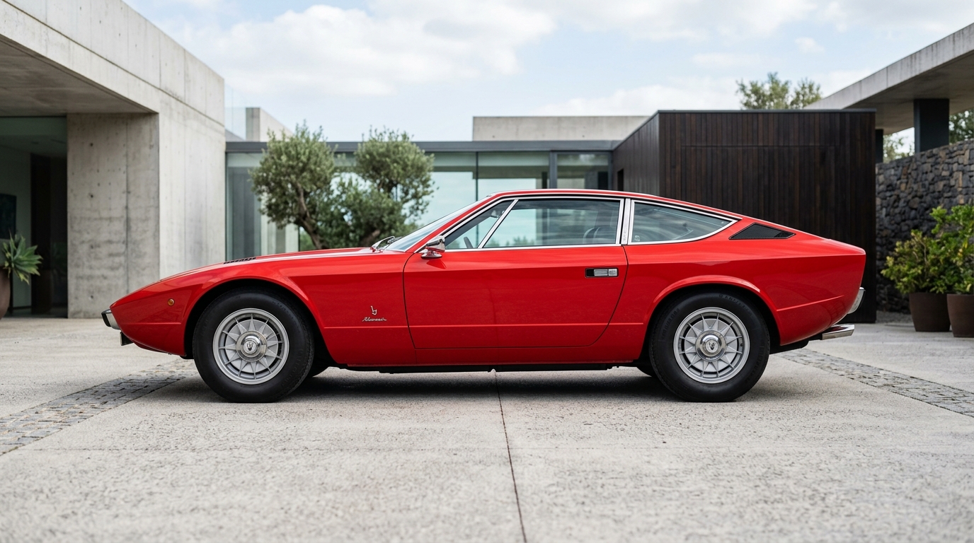 Vue de profil d'une Maserati Khamsin 1974 rouge mettant en évidence la finesse de la ligne de carrosserie Bertone.