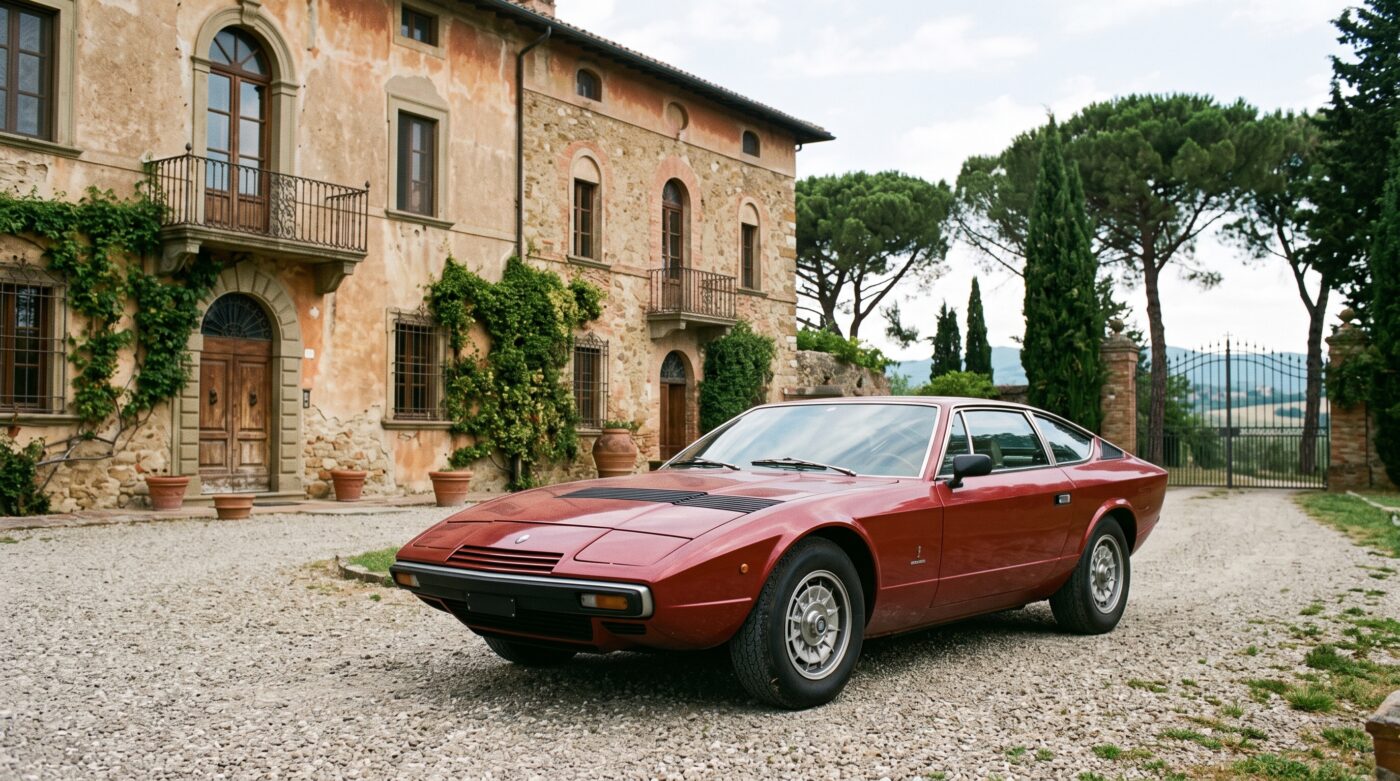 La Maserati Khamsin 1974 rouge devant une villa italienne, évoquant l'histoire riche et le prestige du modèle de collection.