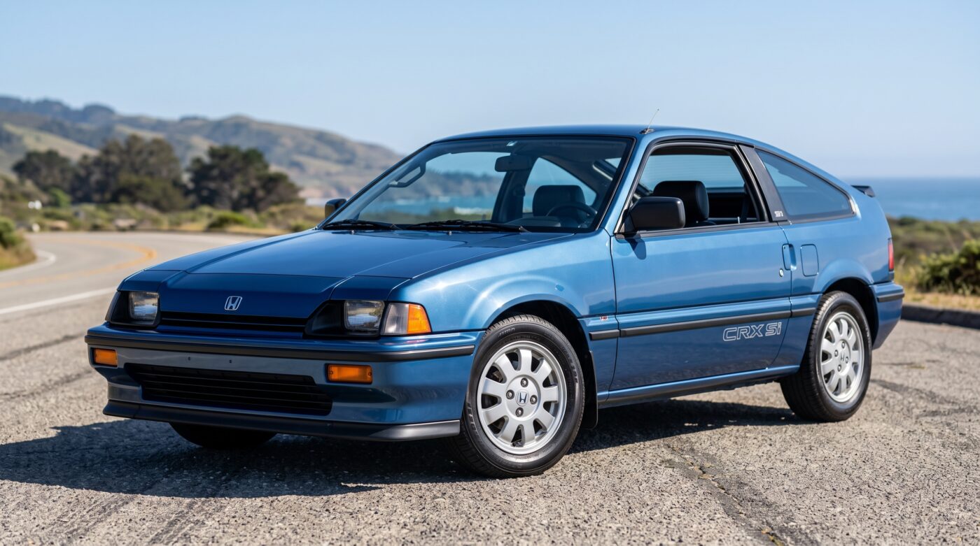 Vue de trois quarts avant d'une Honda CRX Mk2 bleue de 1988 dans son état d'origine impeccable.
