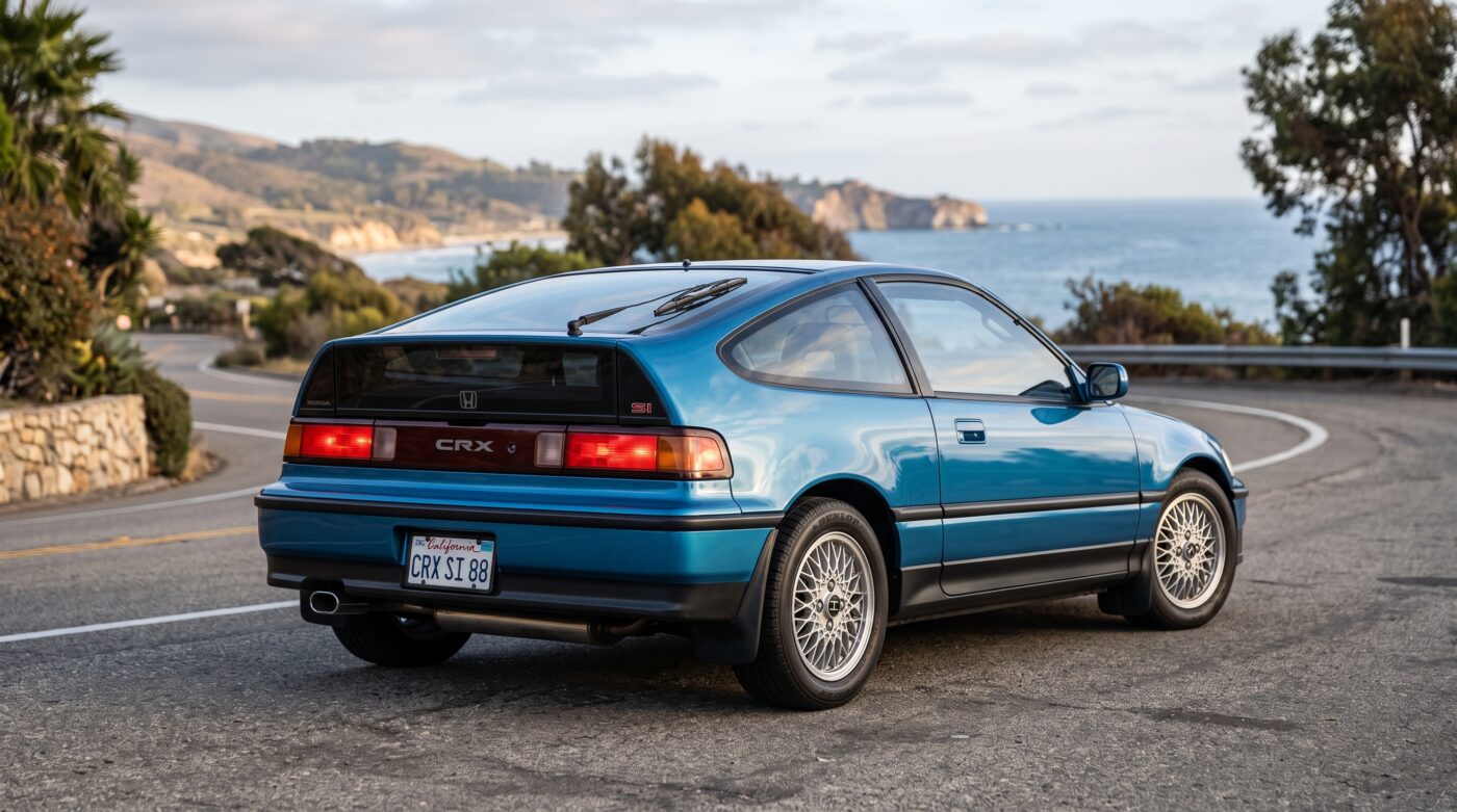 Honda CRX Mk2 bleue vue de trois quarts arrière soulignant son design iconique et ses feux d'origine.