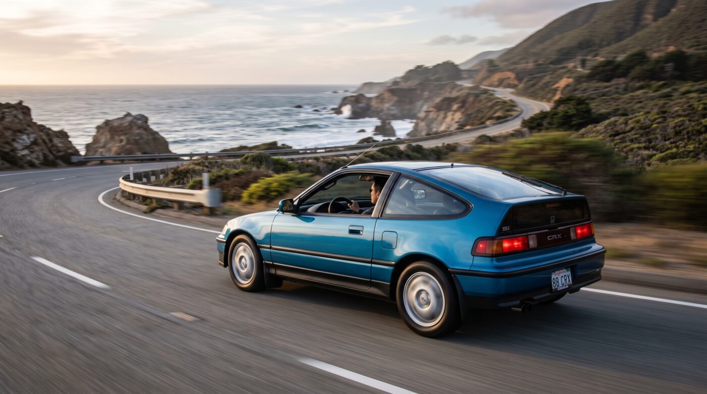 Honda CRX Mk2 bleue en plein essai routier sur une route sinueuse, illustrant ses capacités dynamiques.