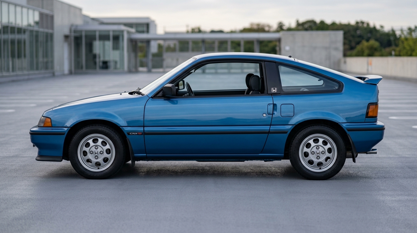 Profil latéral de la Honda CRX Mk2 bleue mettant en avant sa silhouette sportive et son design compact.