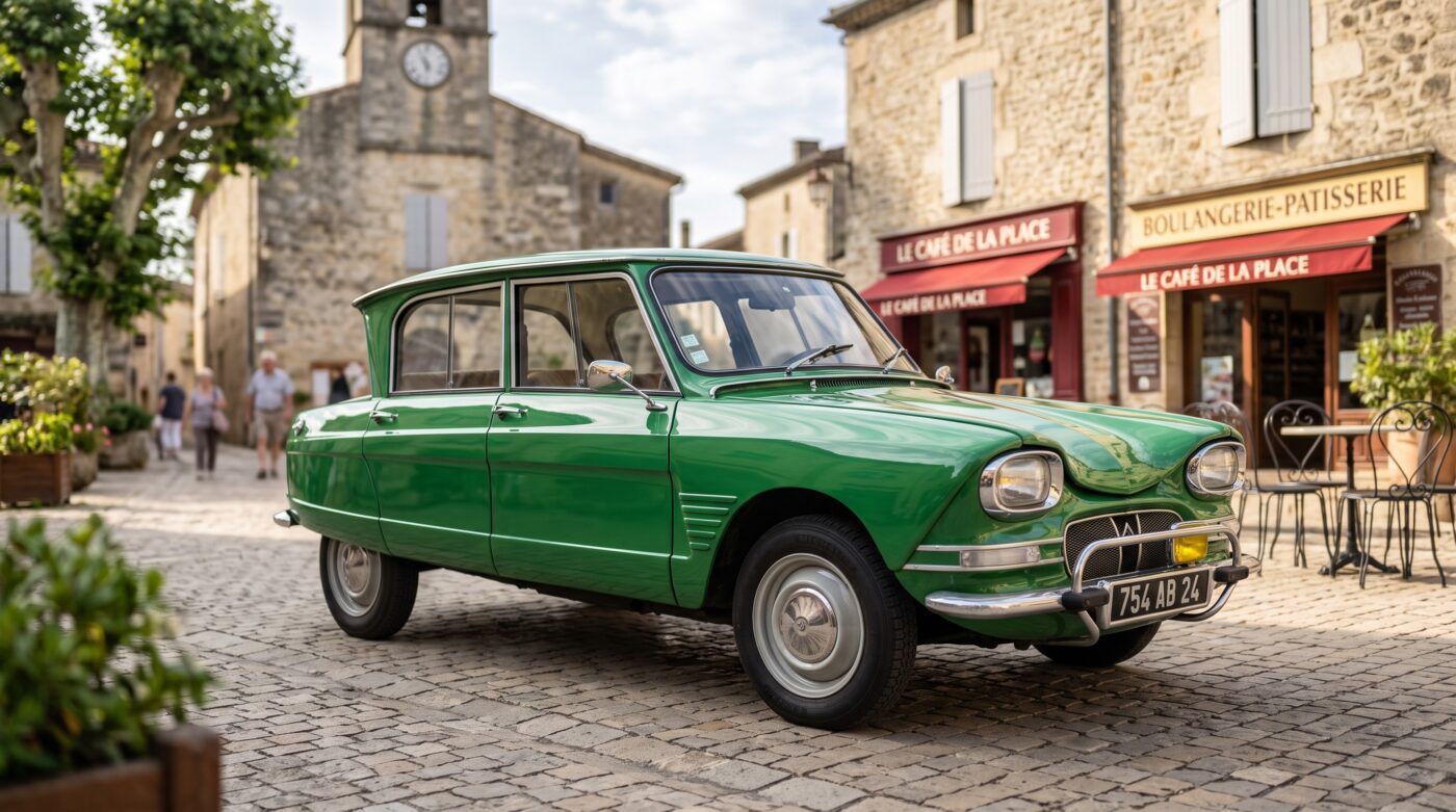 Citroën Ami 6 verte millésime 1965 vue de trois quarts avant stationnée dans un village français