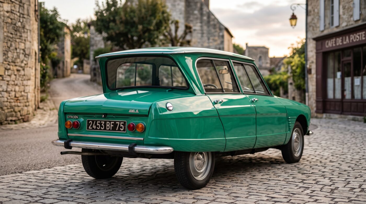 Vue arrière trois quarts de la Citroën Ami 6 verte avec sa ligne de toit inversée caractéristique