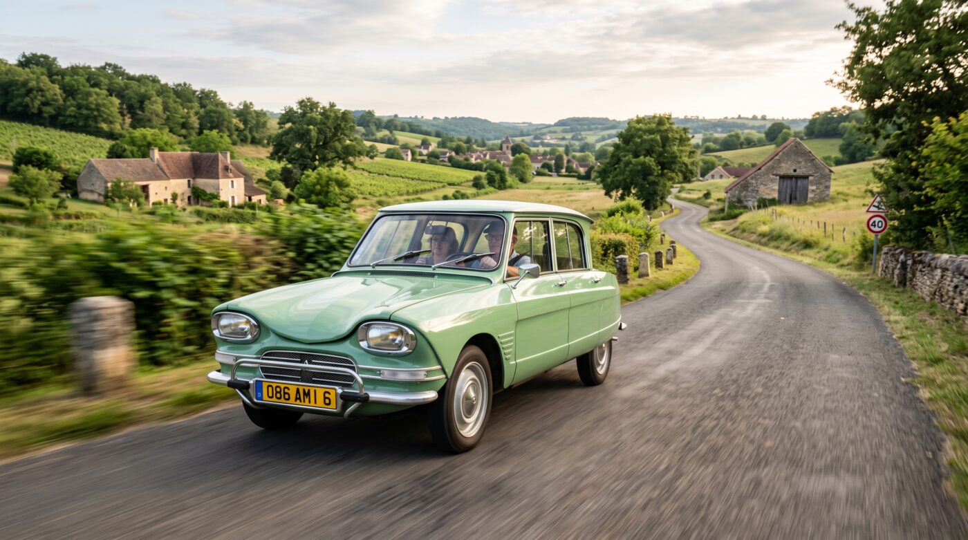 Citroën Ami 6 verte en plein essai routier sur une route de campagne française ensoleillée