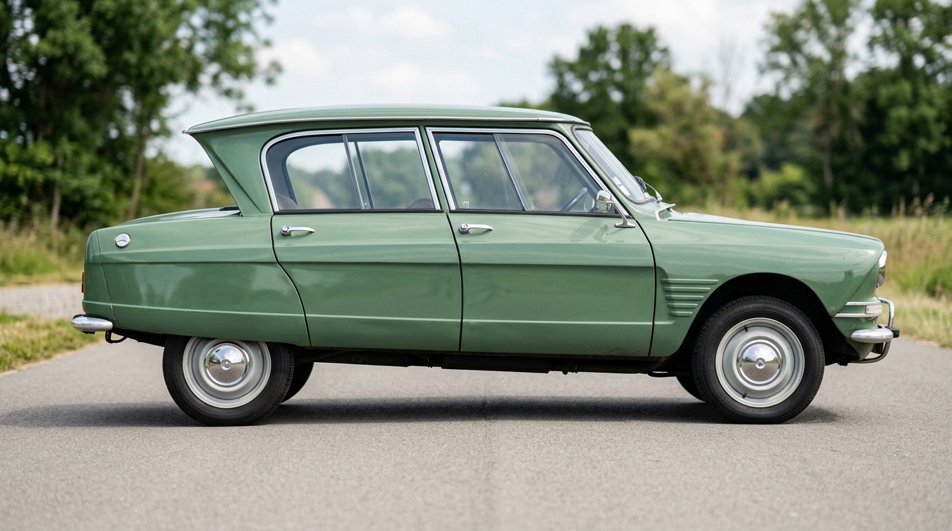 Vue latérale profil gauche de la Citroën Ami 6 verte dans son état d'origine impeccable