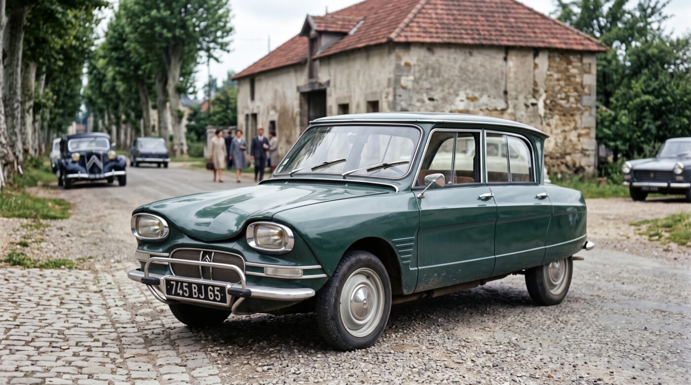 Mise en scène historique de la Citroën Ami 6 rappelant les débuts du modèle dans les années 60