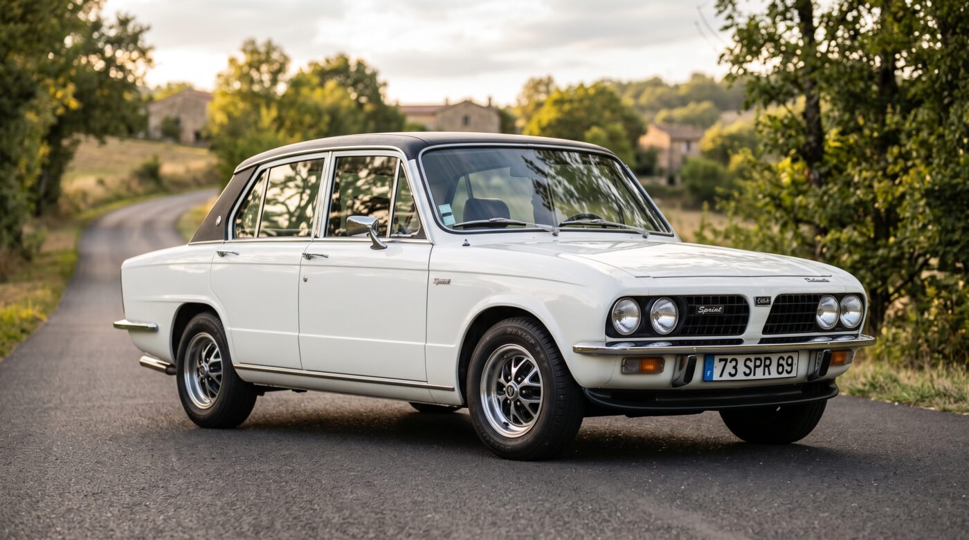 Vue de trois quarts avant d'une Triumph Dolomite Sprint blanche de 1973, avec ses finitions chromées d'origine.