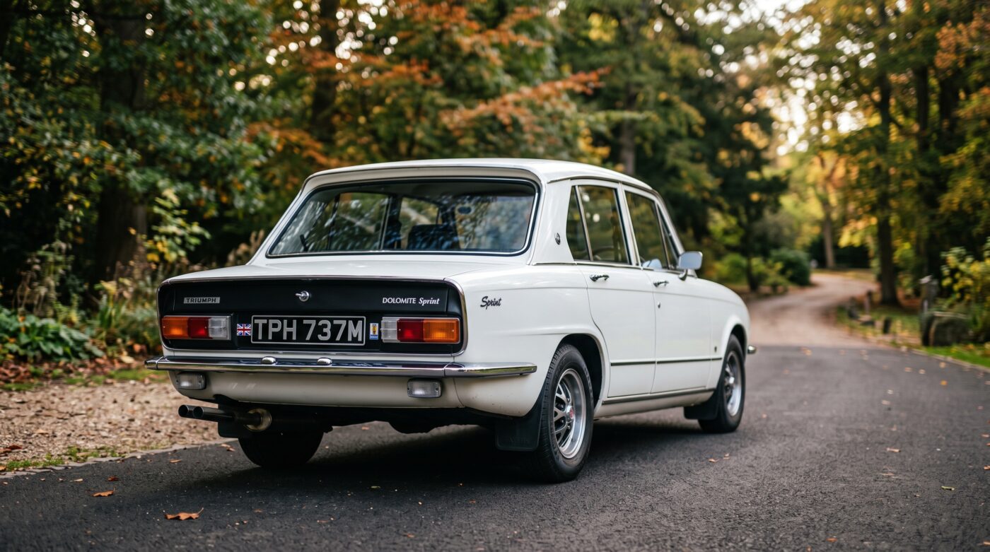 Vue de trois quarts arrière d'une Triumph Dolomite Sprint blanche, illustrant le design classique de la berline sportive.