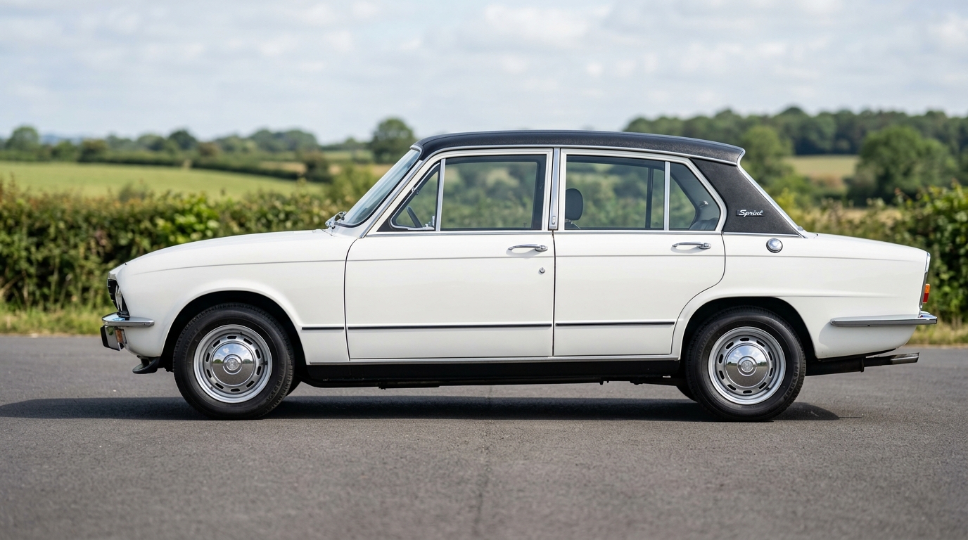 Profil latéral de la Triumph Dolomite Sprint blanche, mettant en valeur sa ligne de berline élégante et sportive.
