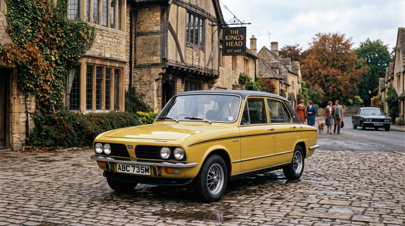 Triumph Dolomite Sprint blanche stationnée devant un bâtiment historique, symbolisant l'héritage automobile.