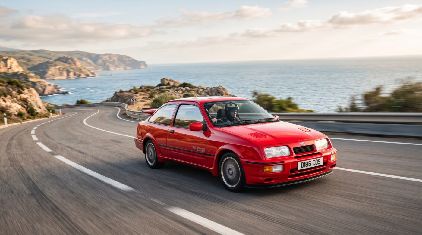 Ford Sierra RS Cosworth rouge en essai routier, illustrant la tenue de route dynamique de cette légende automobile.