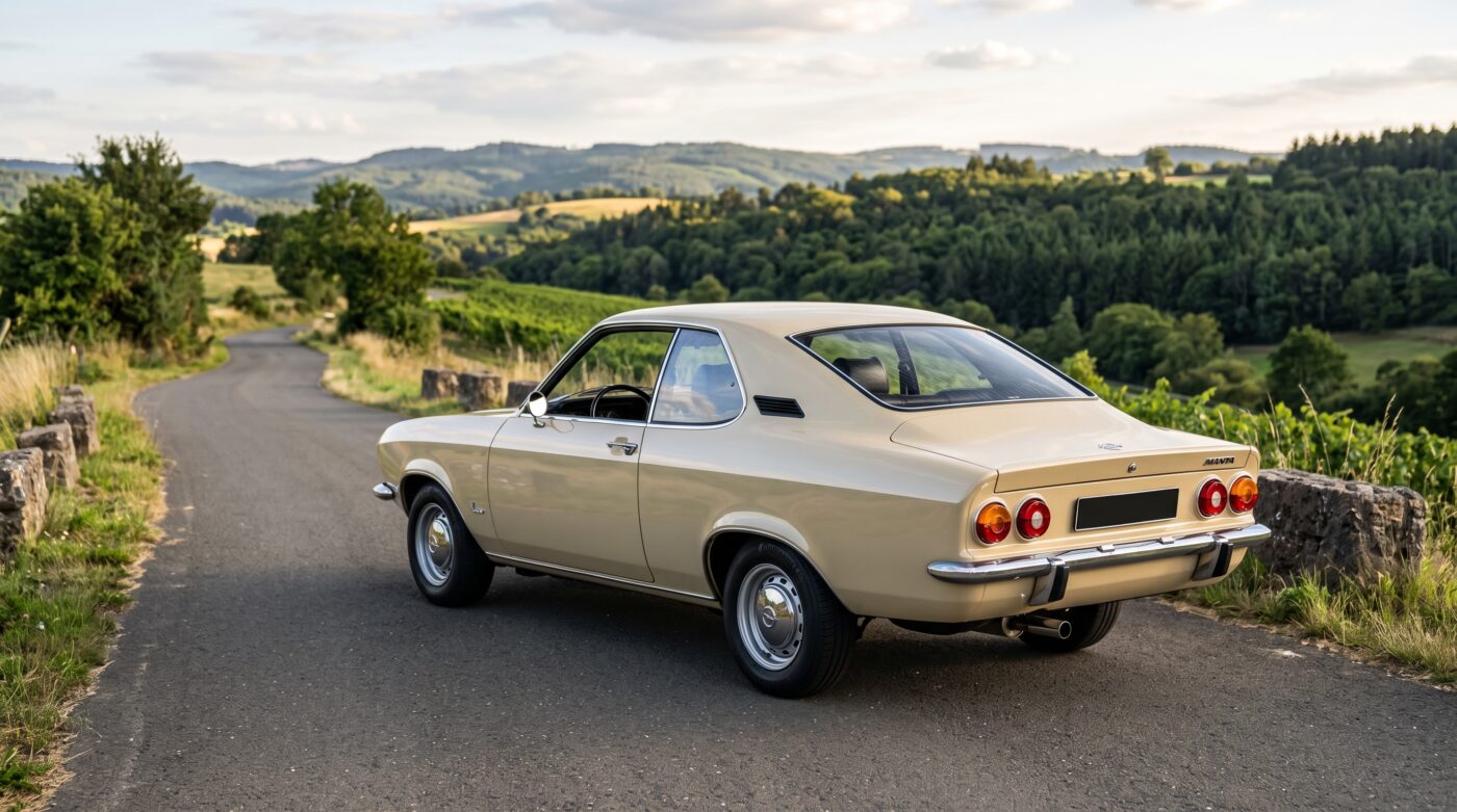 Vue arrière de trois quarts d'une Opel Manta A beige mettant en valeur les optiques arrière d'origine.