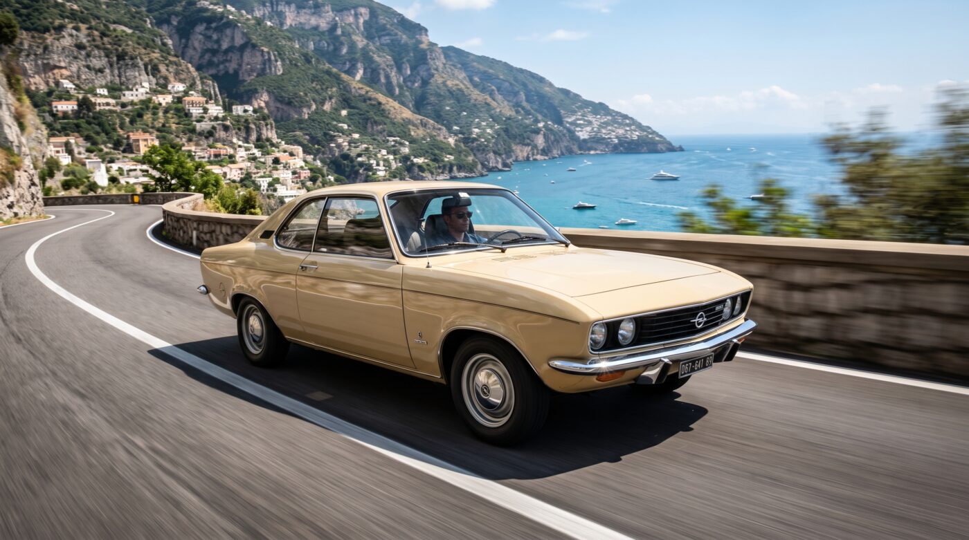 Opel Manta A beige en pleine conduite sur une route côtière pour illustrer l'essai routier du modèle.