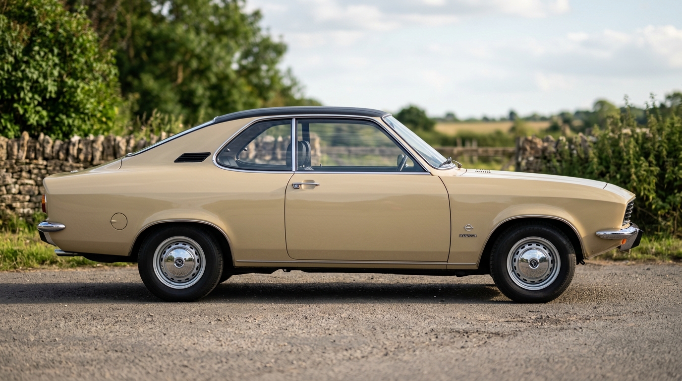 Profil latéral complet d'une Opel Manta A beige illustrant la ligne de carrosserie typique du coupé.