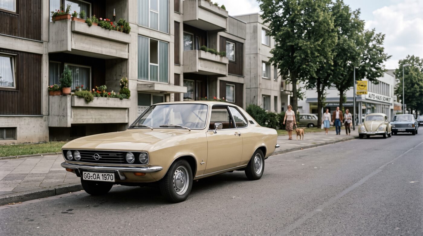 Opel Manta A beige mise en scène dans un décor rétro rappelant l'histoire et le lancement du modèle.