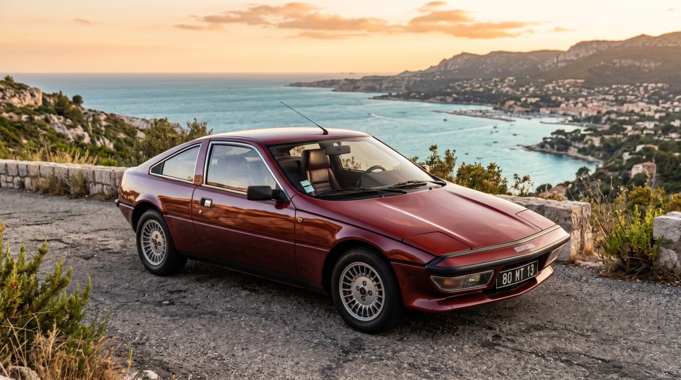 Matra Murena 1980 bordeaux, vue de trois quarts avant sur une route panoramique, design iconique des années 80.