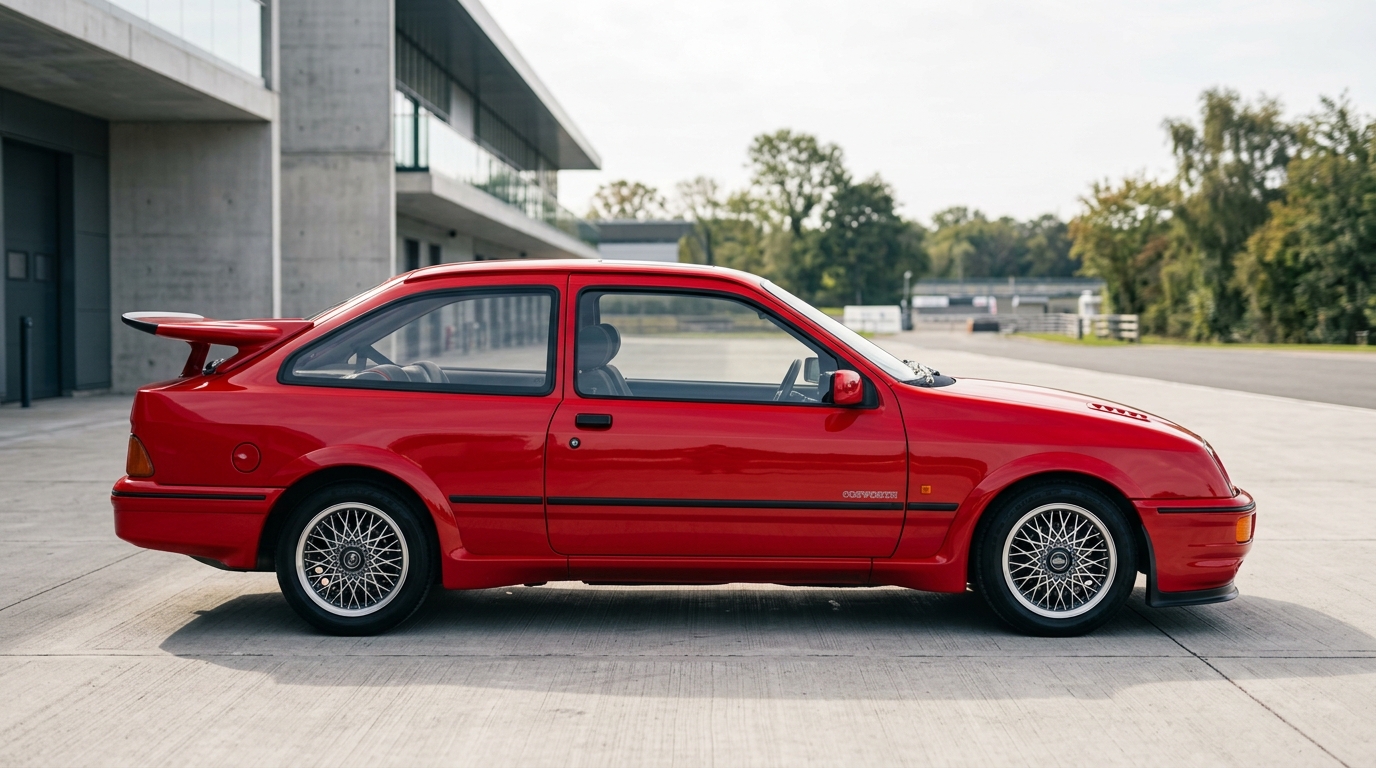 Profil latéral de la Ford Sierra RS Cosworth rouge, mettant en avant sa silhouette aérodynamique et son kit carrosserie spécifique.