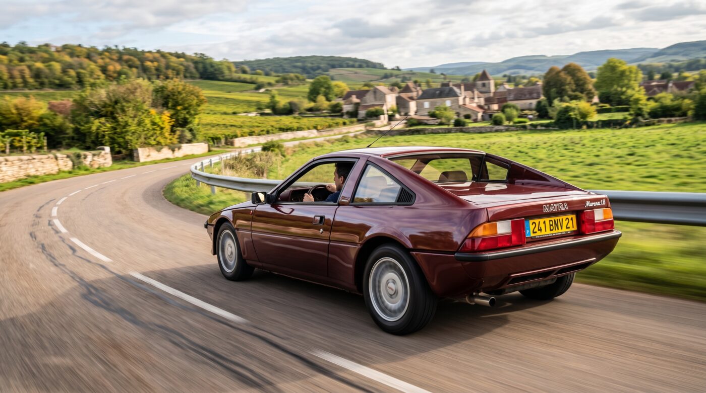 Essai routier d'une Matra Murena bordeaux 1980 sur route sinueuse, illustrant le plaisir de conduite de la sportive française.
