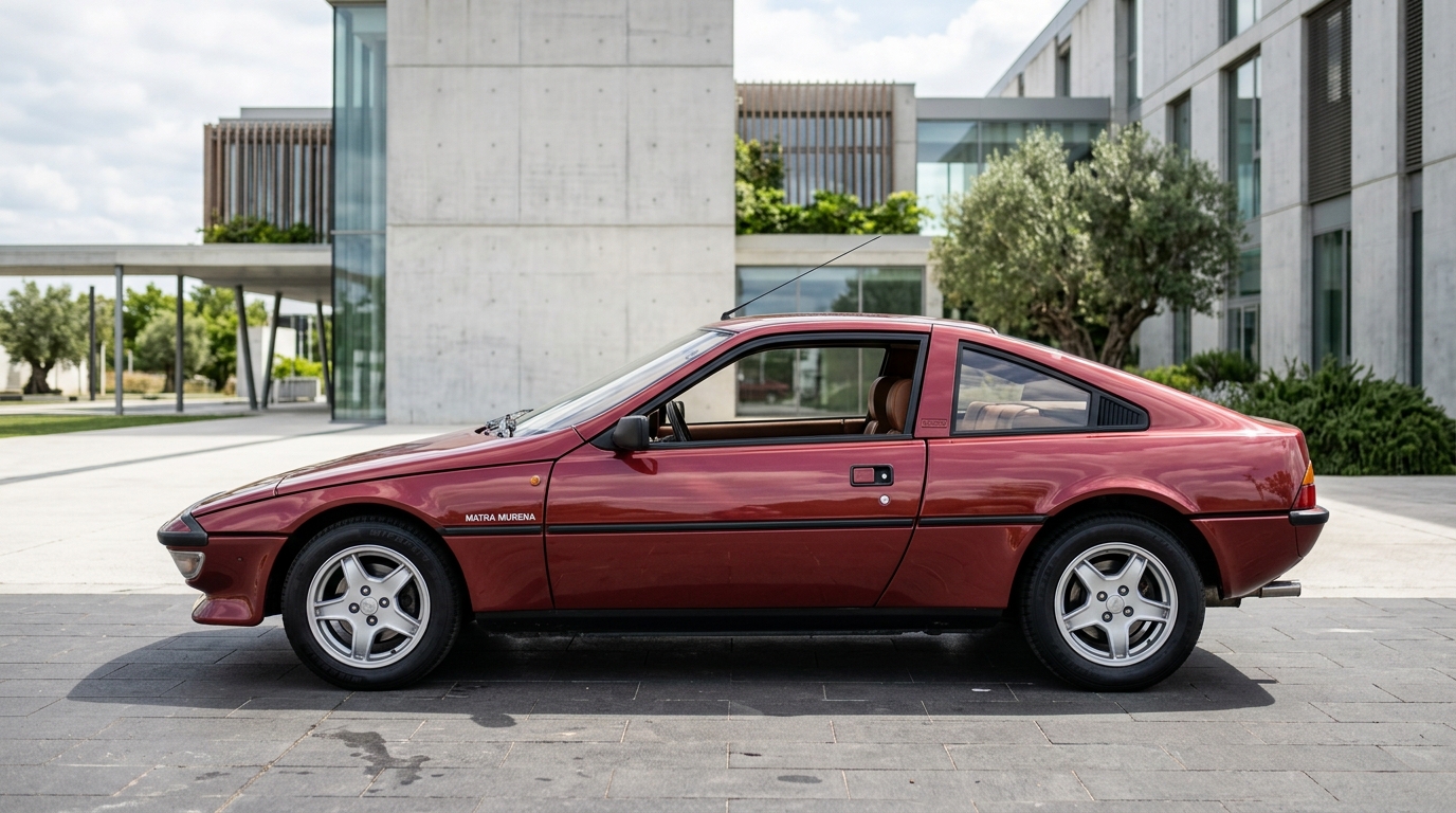 Profil latéral complet d'une Matra Murena bordeaux, soulignant la ligne fuselée du coupé trois places des années 80.