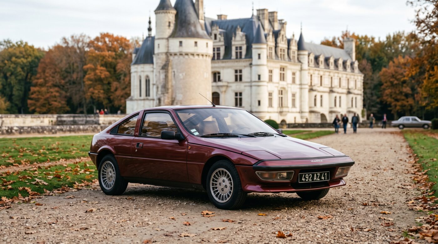 Matra Murena bordeaux devant un monument historique, illustrant le patrimoine et l'histoire de ce modèle de collection.