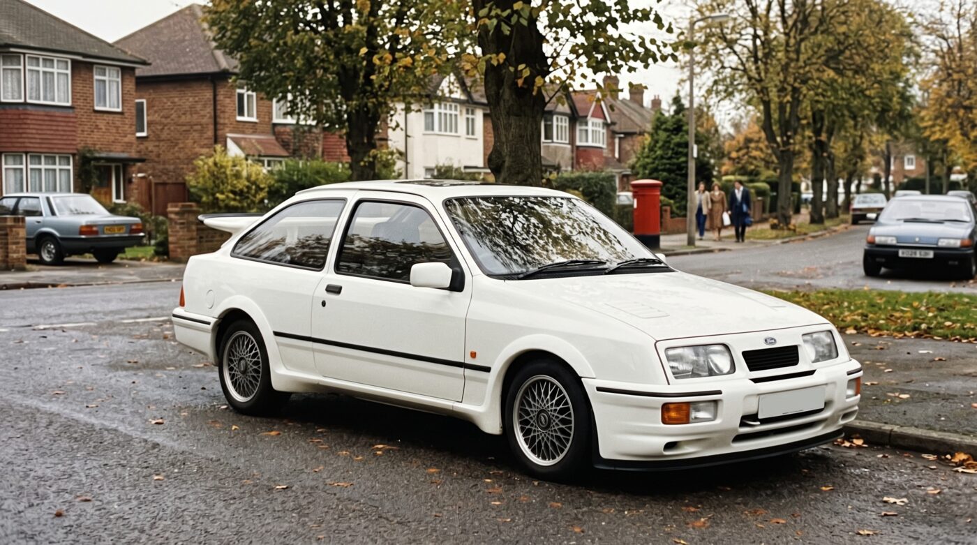 Détails historiques et badges sur une Ford Sierra RS Cosworth rouge, témoignant de son héritage en compétition automobile.