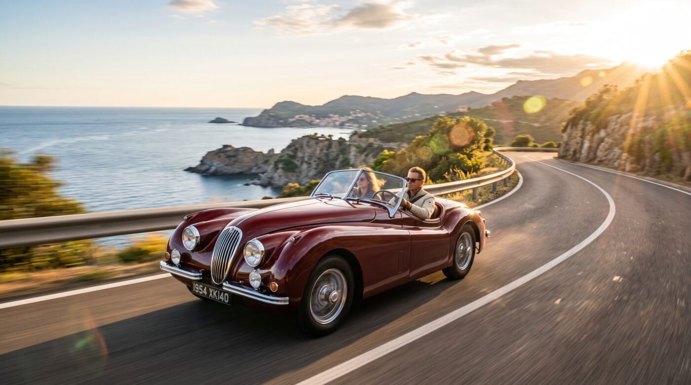Jaguar XK140 bordeaux en plein essai routier sur une route sinueuse, capturant le dynamisme du modèle classique.