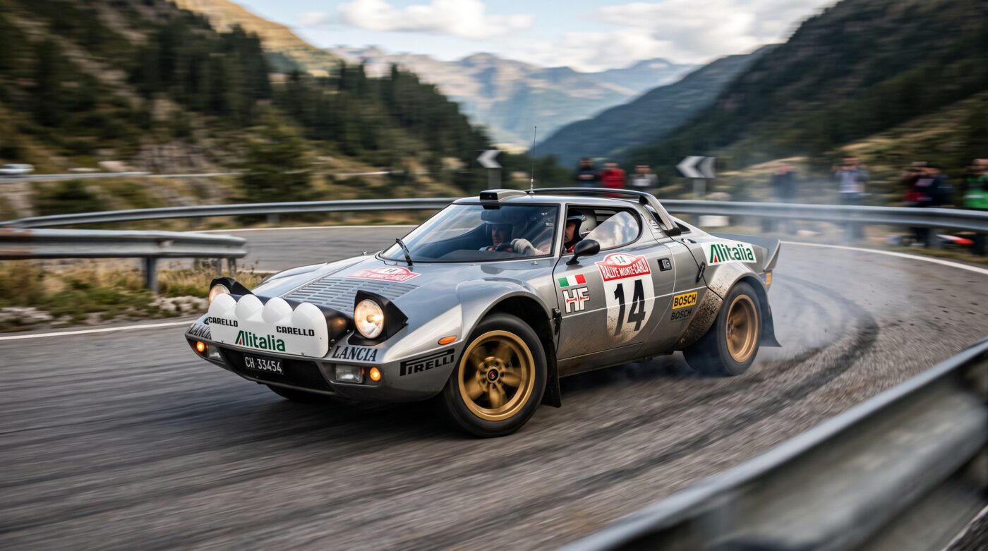 Lancia Stratos 1973 gris : essai routier dynamique Lancia Stratos 1973 gris en essai routier sur une route de montagne, capturant la dynamique de conduite de la sportive.