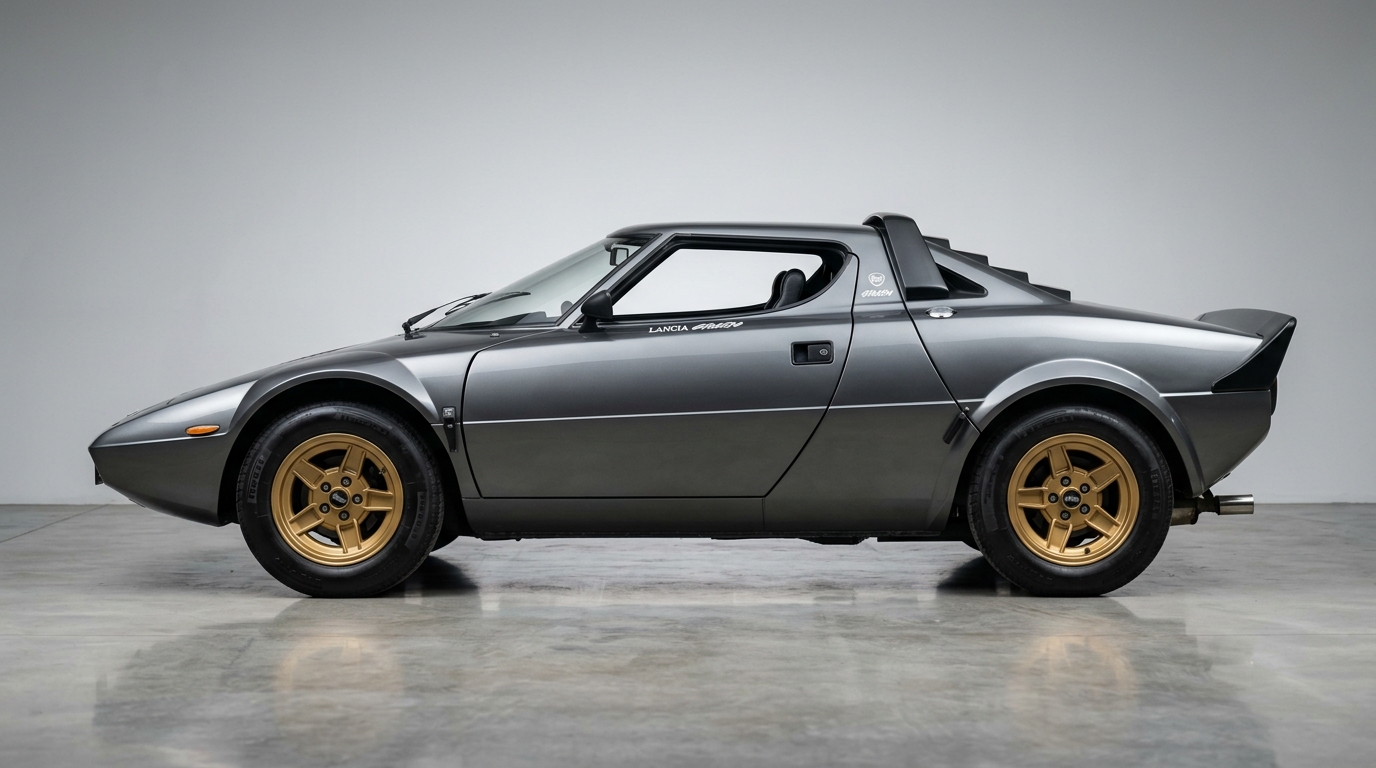 Lancia Stratos 1973 gris : vue de côté Vue de profil de la Lancia Stratos 1973 grise, soulignant son empattement court et son design en forme de coin.