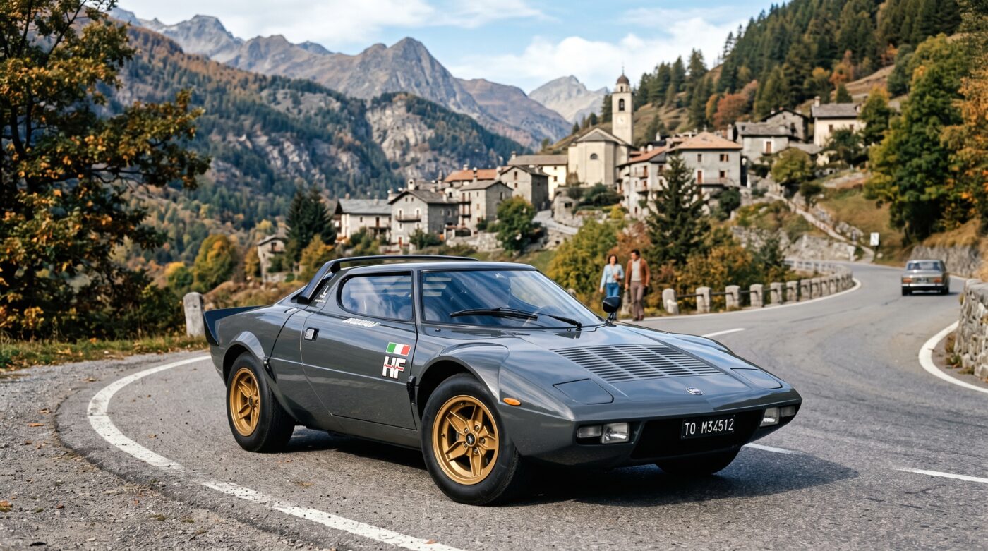 Lancia Stratos 1973 : historique et prestige Lancia Stratos 1973 grise dans un cadre historique, illustrant le patrimoine automobile du modèle.