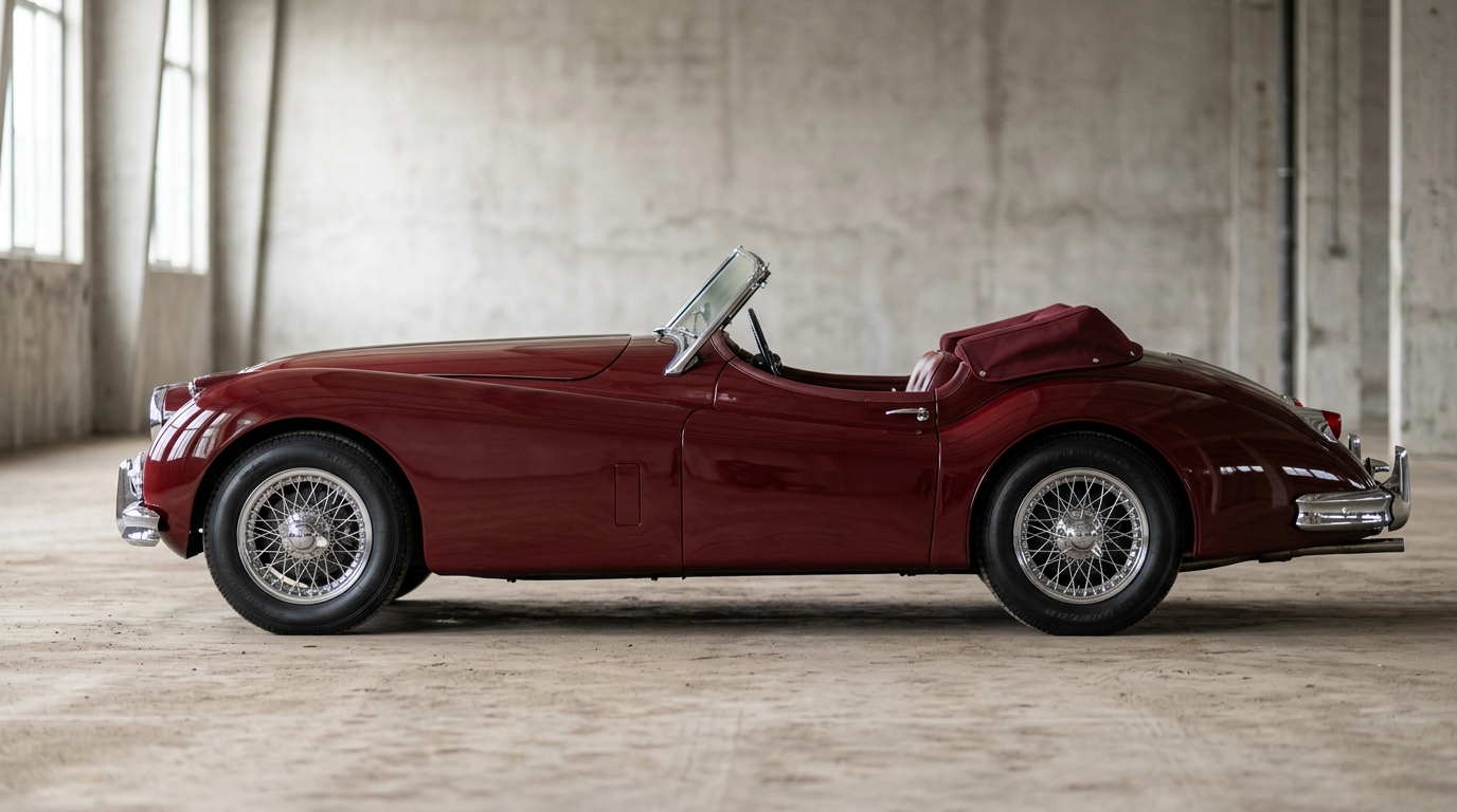 Profil latéral de la Jaguar XK140 bordeaux illustrant la longueur et l'élégance de la ligne de carrosserie typique.
