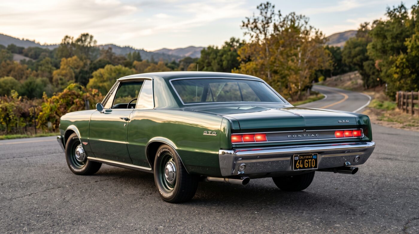 Vue de trois quarts arrière d'une Pontiac GTO 1964 verte mettant en valeur les feux arrière et les sorties d'échappement.