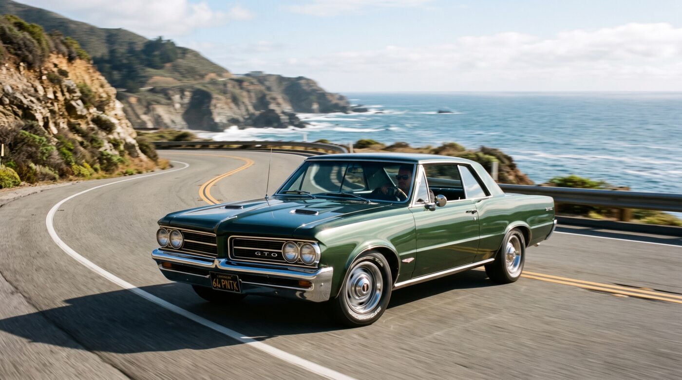  Pontiac GTO 1964 verte en pleine séance d'essai routier sur une route sinueuse avec un effet de mouvement dynamique.