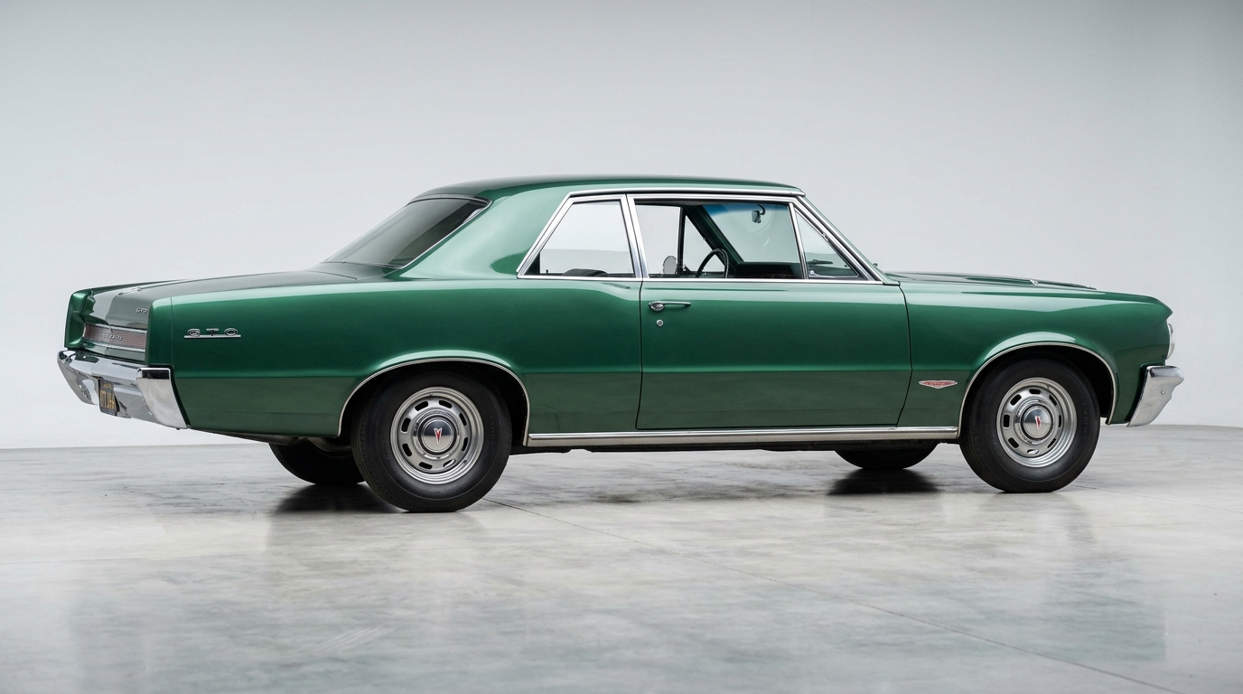  Profil latéral complet d'une Pontiac GTO 1964 de couleur vert montrant la silhouette emblématique de ce muscle car.
