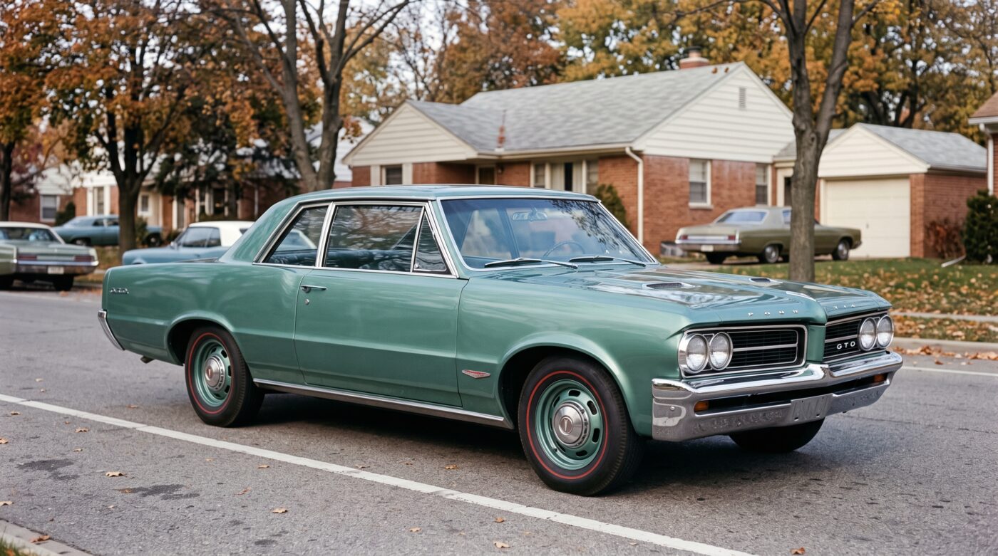  Vue élégante d'une Pontiac GTO 1964 verte illustrant l'historique et le patrimoine de ce modèle iconique.