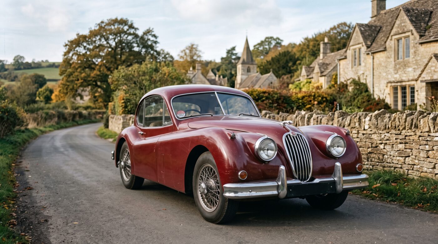 Détail de l'emblème Jaguar sur carrosserie bordeaux, évoquant l'héritage historique et la restauration du véhicule.