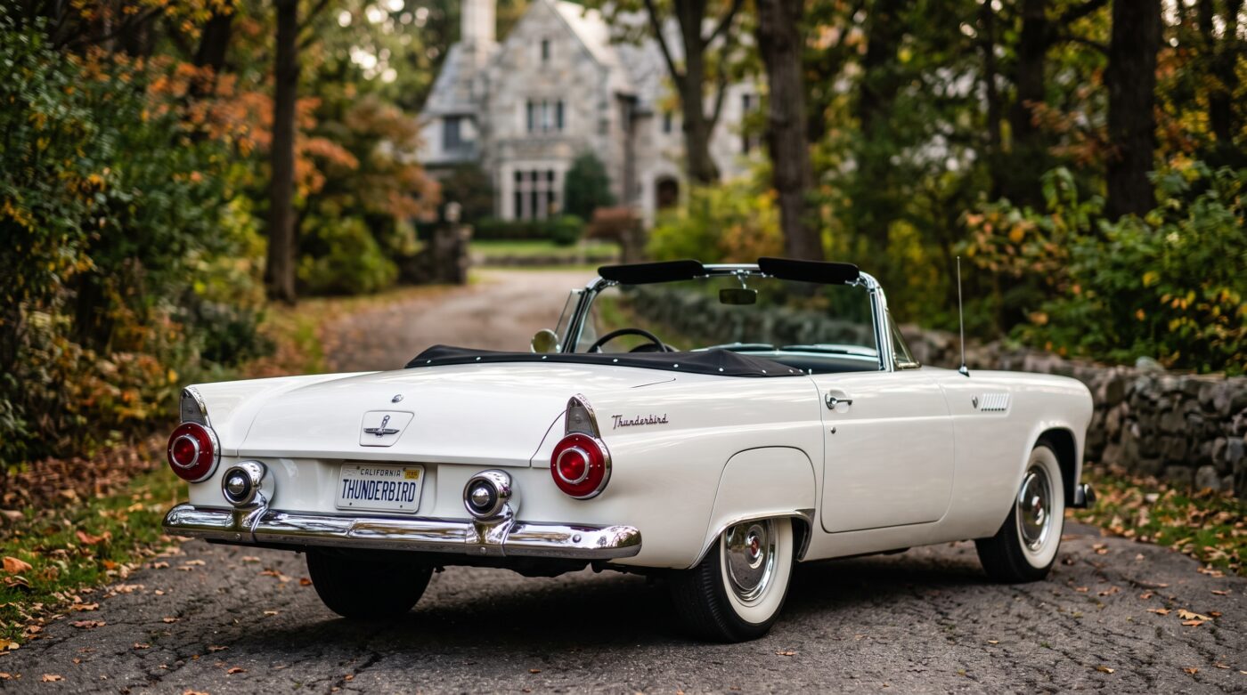 Vue de trois quarts arrière d'une Ford Thunderbird Mk1 blanche de 1955 mettant en valeur ses chromes.