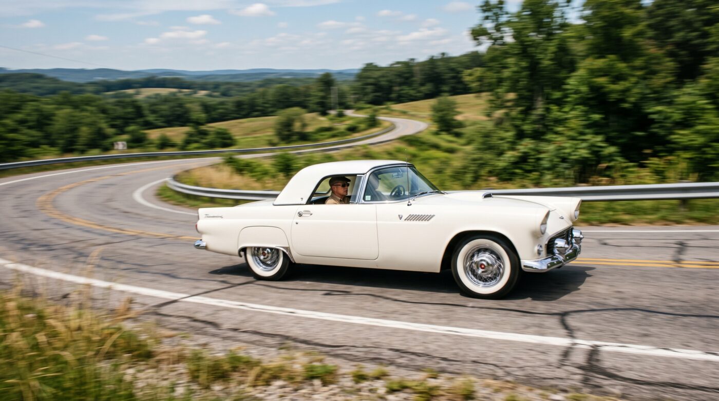 Ford Thunderbird Mk1 blanche de 1955 en situation d'essai routier sur une route de campagne sinueuse.