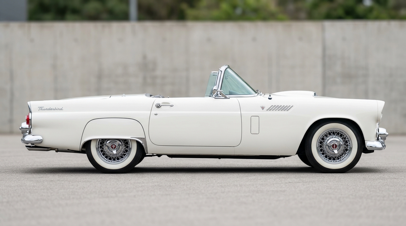 Profil latéral d'une Ford Thunderbird Mk1 blanche de 1955 soulignant ses lignes classiques d'origine.