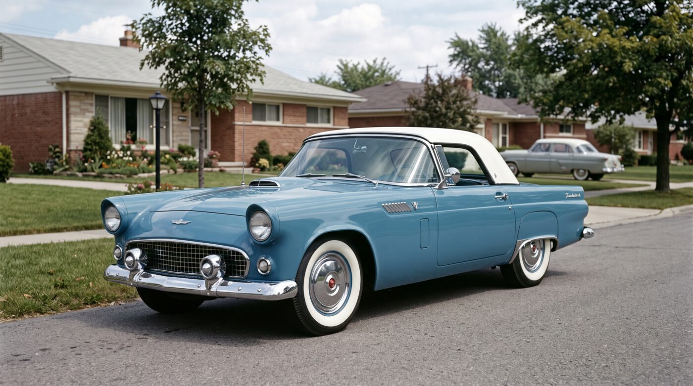 Gros plan sur les détails de carrosserie d'une Ford Thunderbird Mk1 de 1955 illustrant son héritage historique.