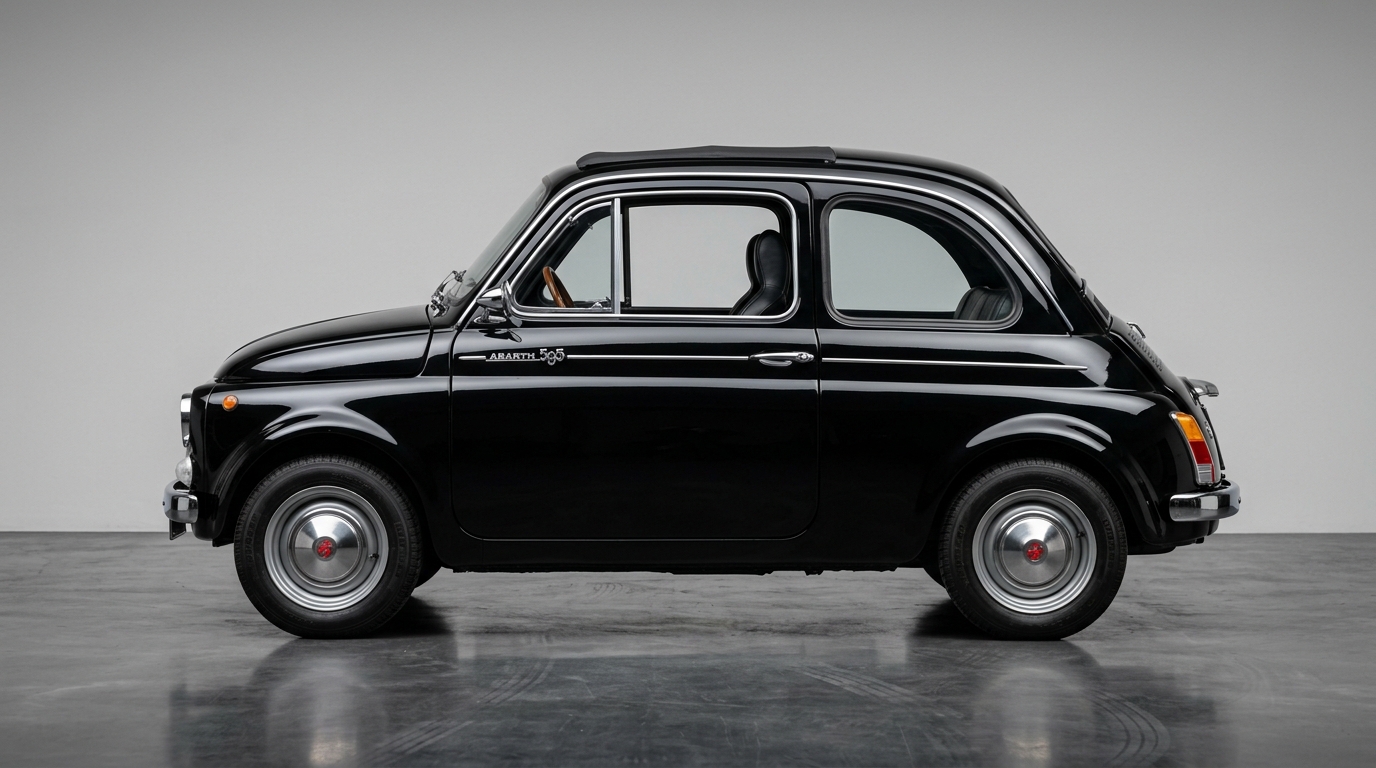 Vue de côté Abarth 595 Profil latéral de la petite Abarth 595 classique noire illustrant ses proportions iconiques.