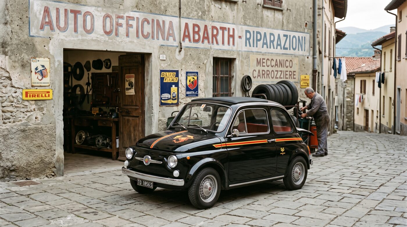 Historique Abarth 595 Abarth 595 classique noire devant un atelier ancien symbolisant son riche historique.